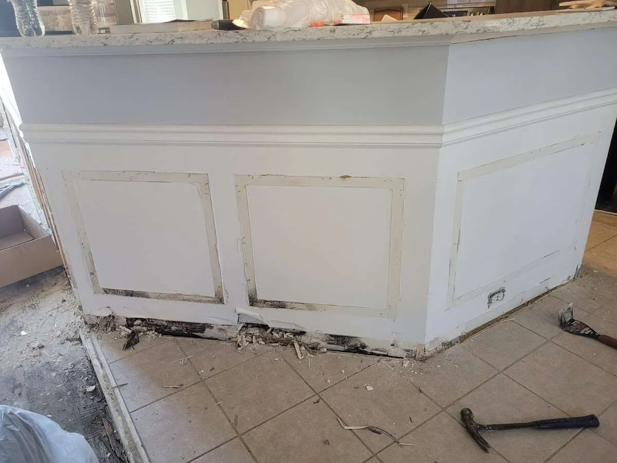 Water damage and mold on kitchen during Sewage Cleanup & Sanitation in Jordan